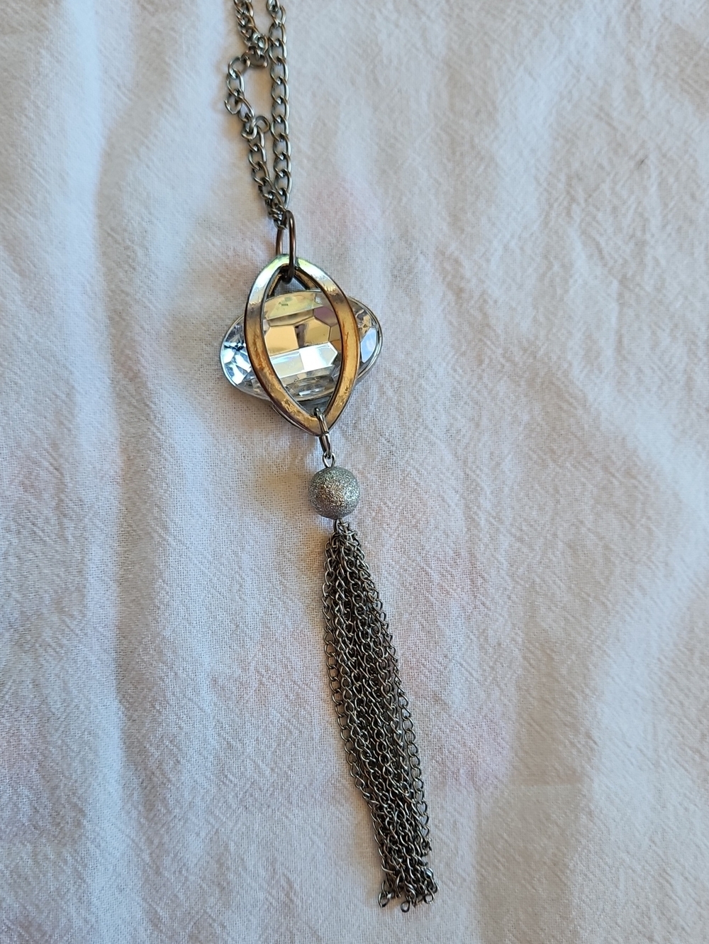 Silver-Tone Crystal Pendant Tassel Necklace - Clear